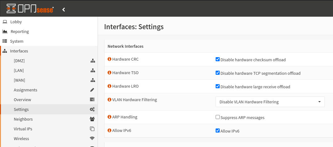 Impostazioni di offloading corrette per un firewall OPNsense.